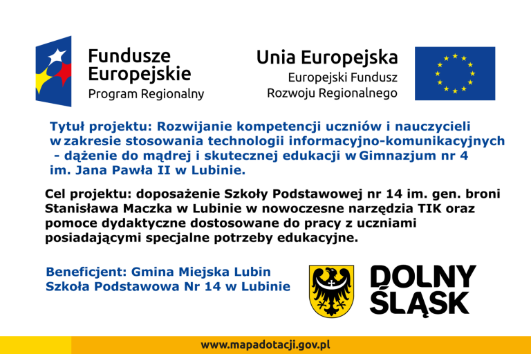 Projekt unijny szkoły, tablica informacyjna Funduszy Europejskich